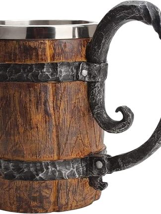 Wooden Barrel Beer Mug, Large Viking Cup Wood Style Beer Stein with Handle, Double Wall Stainless Steel Tankard Mug, Antique gifts for Men Bar Restaurant Renaissance Accessories
