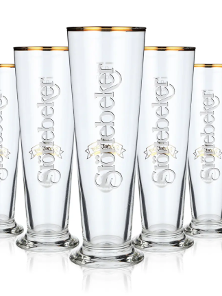 6x Störtebeker beer glass, stem design, gold rim relief, 0.3 l